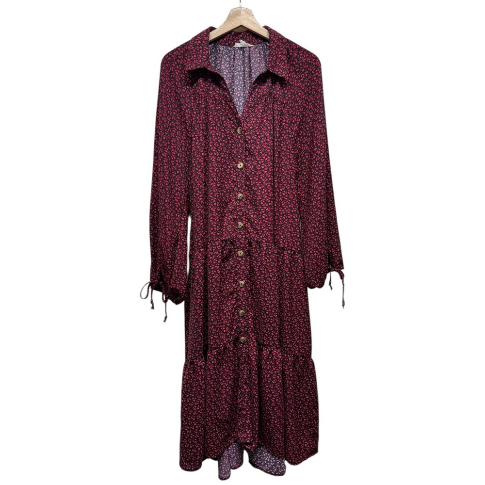 Easel Floral Midi Dress S Tiered Cottage Balloon Sleeve Peasant Boho Red Black